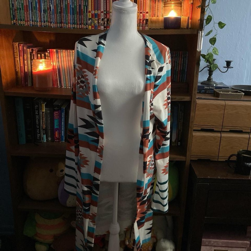 Women’s Open Front Aztec Print Cardigan - White / Teal / Rust
